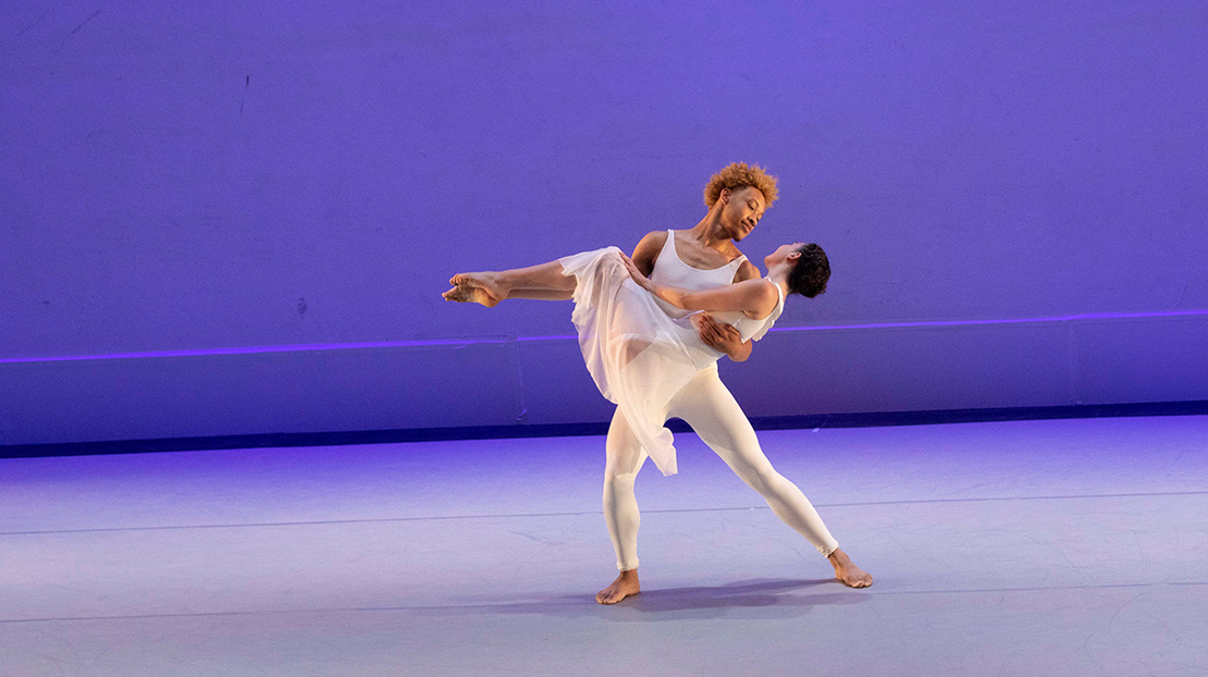 Webster dancers perform a duet from AUREOLE, choreographed by Paul Taylor, during the 2024 Webster University Dance Ensemble Concert.