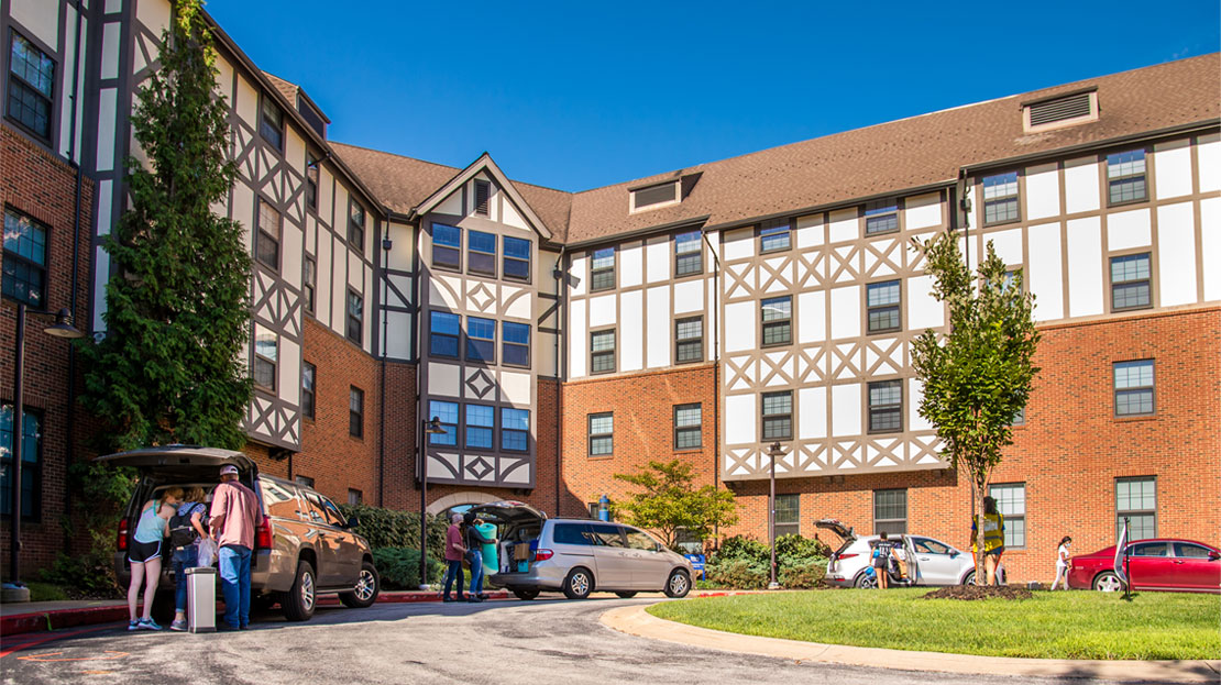 An exterior photo of one of the residence halls on Webster University's campus.