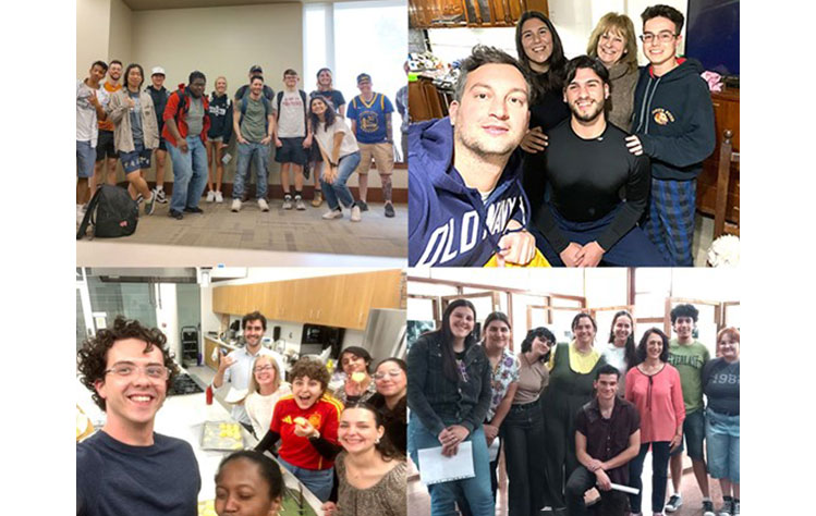 Four photos collaged together: Top left, Moyano with students at one of her monthly language table. Top right, DeMartino poses for a photo with his Argentinian host family. Bottom left, Aranda with students after demonstrating her cooking skills. Bottom right, Roberts Toledo with UNCuyo students after his photography workshop.  