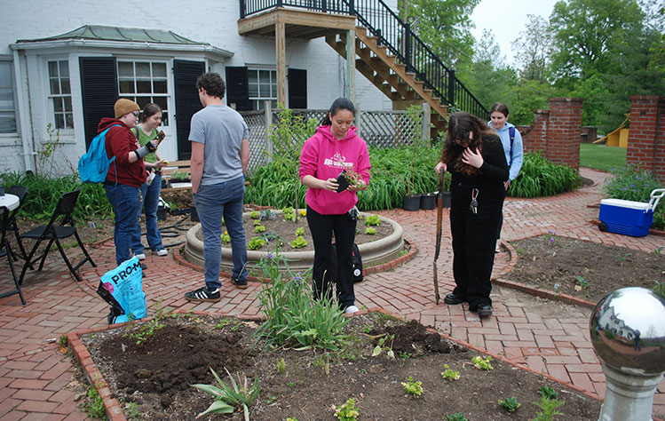 Students help fill garden beds with plants at the Pearson House Garden. 