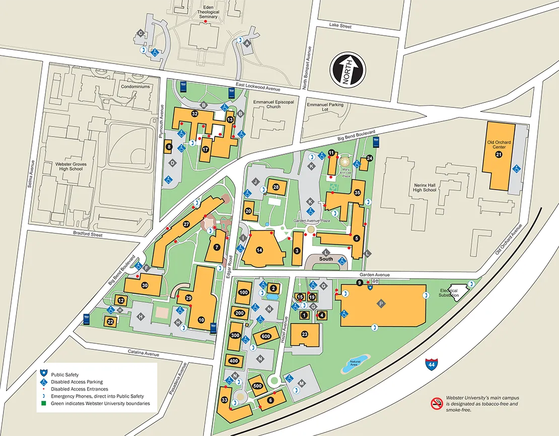 Webster University campus map for showing locations of campus buildings with entry access points marked, and the locations of parking lots, disabled access parking, disabled access entrances and emergency phones. For assistance, please contact Public Safety at 314-968-7430.