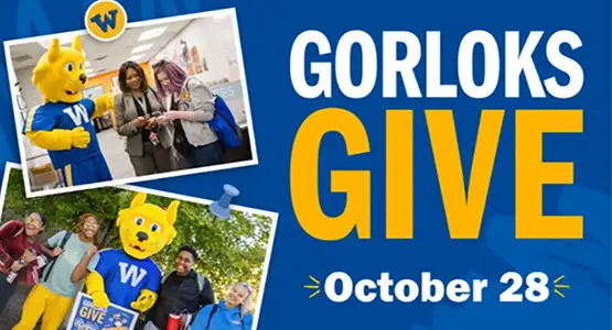 Gorlok interacting with students and faculty in two different photos; Gorlok Give 2026 is to the right of photos.