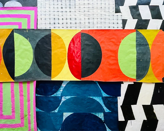A canvas of mixed patterns and high contrast, vivid colors in collage-like layouts.